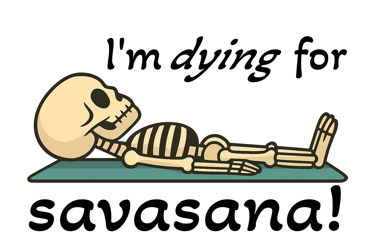 A skeleton reclining on a yoga mat in savasana pose